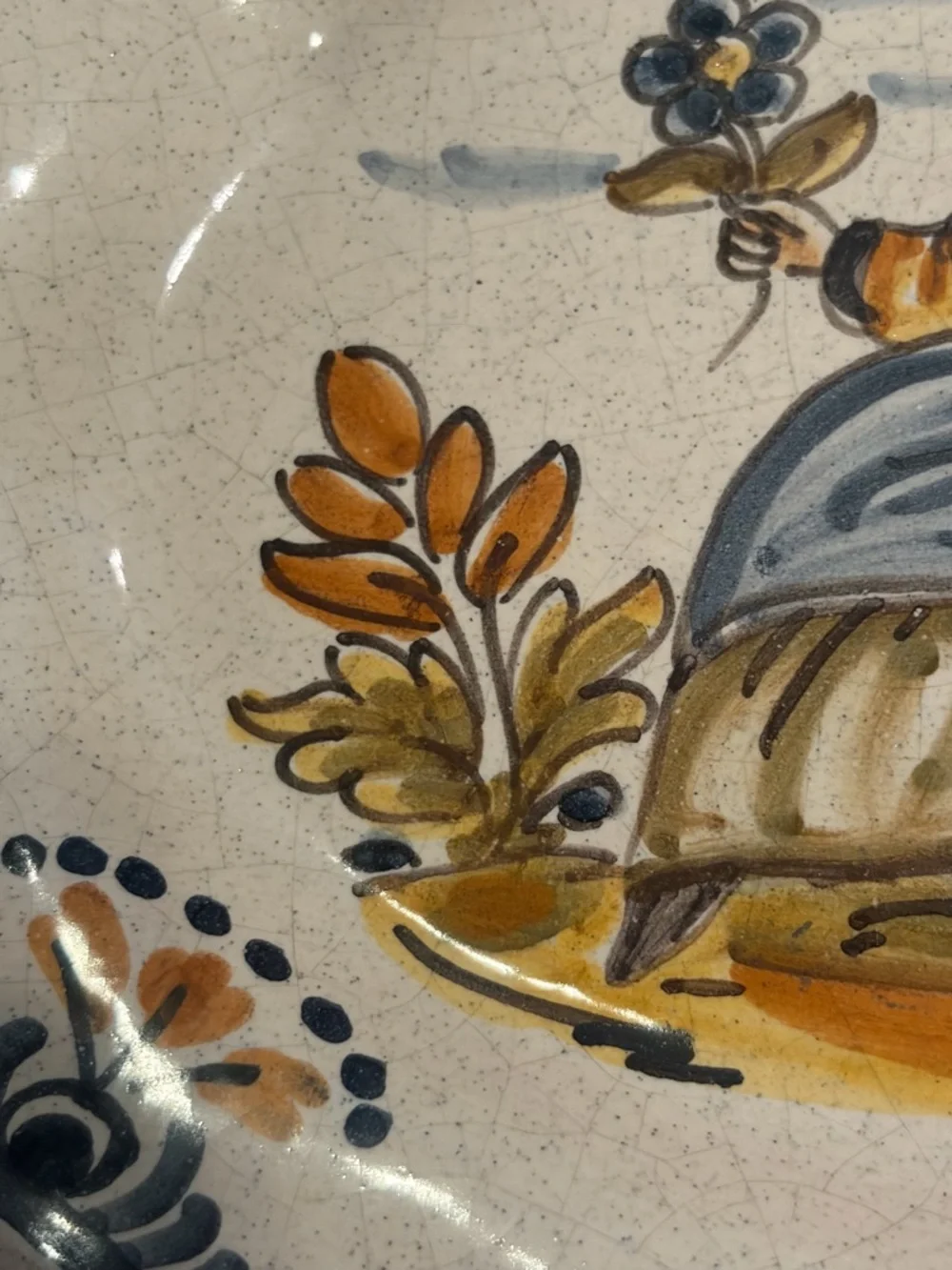 Antique Italian Majolica Faience Serving Plate Hand Painted Girl Woman w Flowers